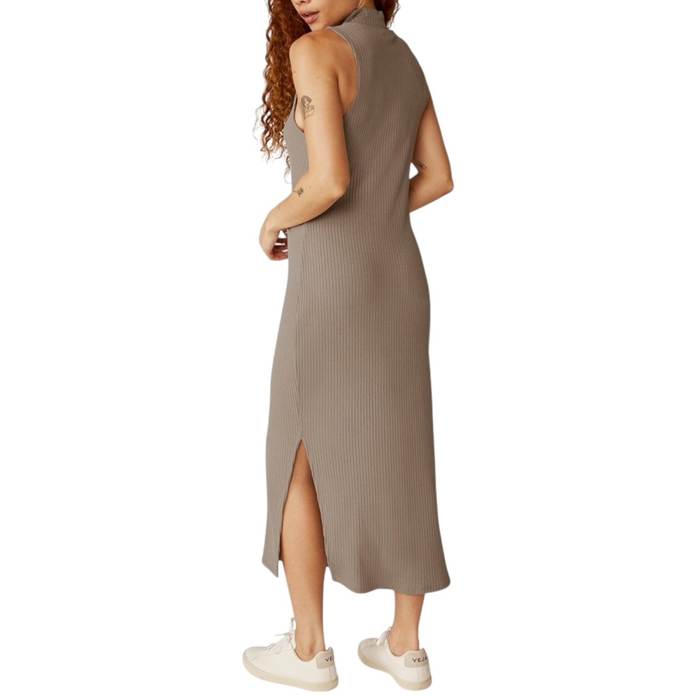 Beyond Yoga Well Traveled Gray Rib Knit Mock Neck Midi Maxi Tank Dress sz XS